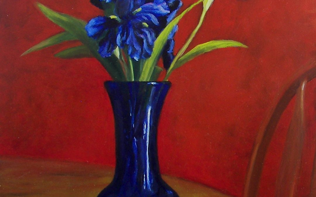 Irises in Blue Vase